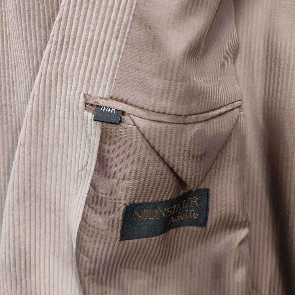 Monsieur Adolfo Mens Tan Corduroy Blazer Sport Coat 44R Cotton Two Button Khaki